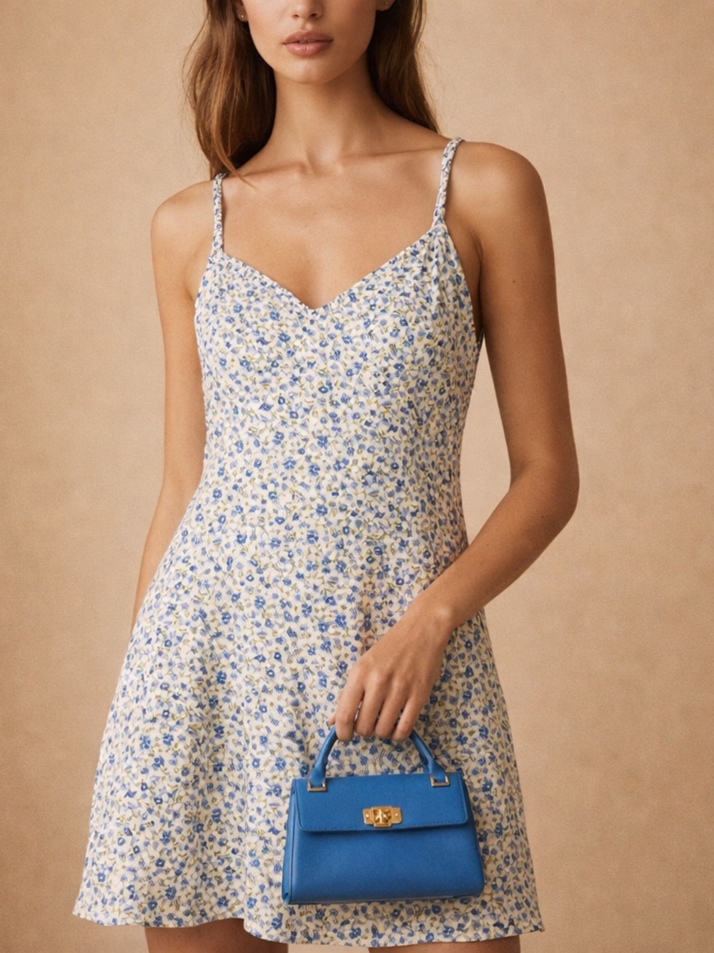 Floral Spaghetti-Strap Sundress in Blue and Cream